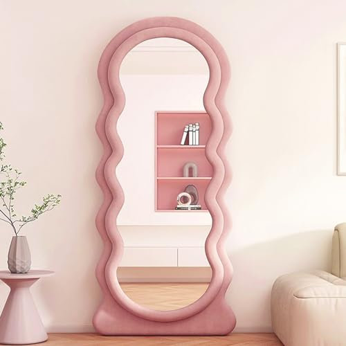 CEIEVER Bogen Ganzkörperspiegel, Gewölbter Standspiegel 160X60CM Wavy Mirror Full Length Unregelmäßiger großer Langer Spiegel Ankleidespiegel für Schlafzimmer,Wohnzimmer (Rosa)