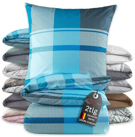 BaSaTex Bettwäsche Set Renforcé, 2-TLG., 155 x 220 cm, Karo Türkis | 100% Baumwolle, Öko_Tex Zertifiziert, Reißverschluss