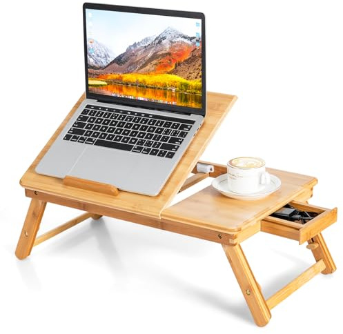 LIFEZEAL Tavolino Pieghevole PC, Vassoio Portatile per Mangiare a Letto, in Bambù, con Cassetto, Piano Inclinabile, Altezza Regolabile, Dispersione di Calore, Anticaduta, Max 15kg (naturale)