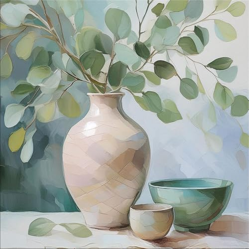 artissimo Bild aus Glas 50x50 cm Stillleben Eukalyptus Vase AG5578A – modernes Glasbild Wandbild Quadratisch, Wanddeko Wohnzimmer, salbei grün, skandinavisch modern