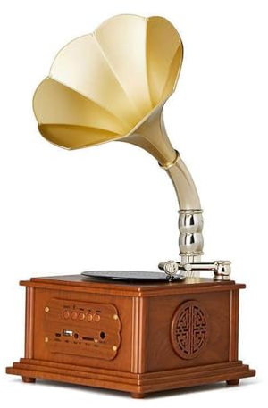 Altavoz fonógrafo antiguo Reproductor de discos de vinilo portátil Tocadiscos Altavoz Bluetooth Altavoz casero de madera antiguo con bocina,Brown