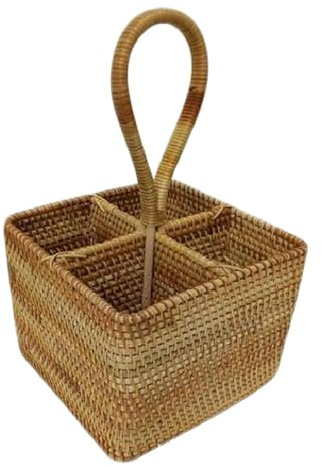Cesta de mimbre, cesta de almacenamiento de picnic tejida a mano natural 7x7 pulgadas - Cesta de mimbre de 4 compartimentos con asa larga para picnic, botella, cubiertos, utensilios de cocina