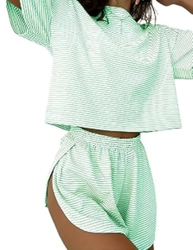 Ensemble de pyjama court fendu, ensemble deux pièces avec imprimé rayé et épaules tombantes, t-shirt enveloppant et short fendu, Vert, L