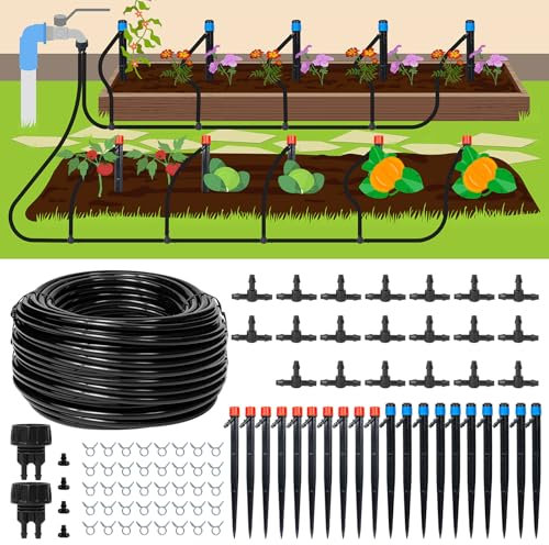 Maotong 110ft Drip Irrigation System Kit, Garden Watering System DIY Automatic Irrigation Equipment Set for Lawn Raised Bed Greenhouse Plant Watering with 1/4'' Tubing, Drip Emitters, Connectors
