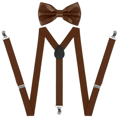 Beaface Mens Braces and Bow Tie Set, Braces for Men Trousers with 3 Strong Clips, Adjustable Elastic Suspenders for Wedding Business Casual (Brown)