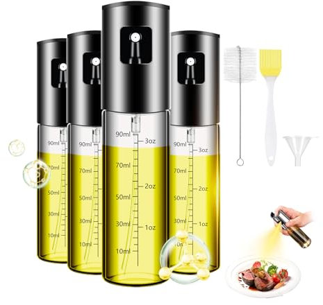 SereneJoy 4PCS Oil Spray Bottle, 100ml Olive Oil Spray Bottle for Cooking, Leakproof, Includes Brush and Funnel, Ideal for Kitchen, Air Fryer, BBQ