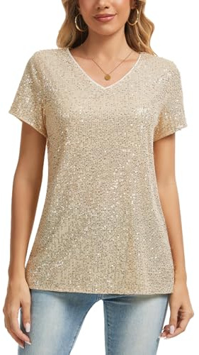 MINTLIMIT Damen Pailletten Metallic Tops Oberteil Kurzarm V-Ausschnitt T-Shirt Bluse Fully Lined Freizeit Party Festival Club