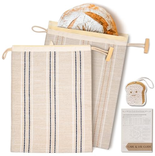 JACYAO'S Beeswax Bread Bags for Sourdough (2 Pack), Sourdough Bread Bags with Removable Beeswax Lining, Cute Cleaning Sponge and Friendly Guide for Beginner, Food Storage Container for Sourdough