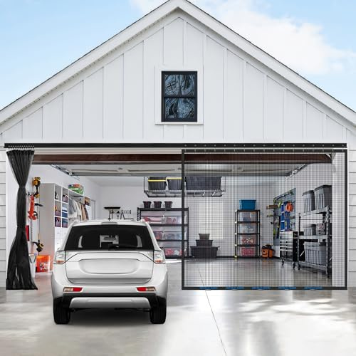 Sliding Garage Door Screen 16x7FT for 2 Car Garage Doors, Magnetic Garage Screen with Track Closure, Heavy-Duty New 275g/㎡ Mesh, Retractable Garage Door Screen for Patio, Outdoor, Gym