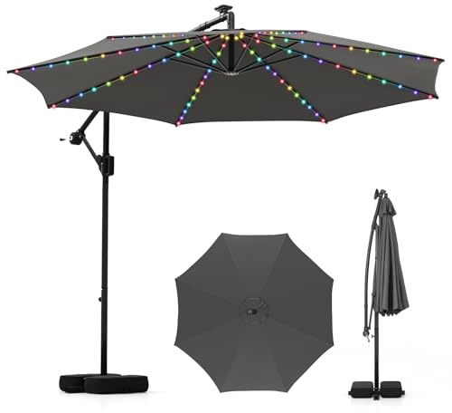 Tangkula 10 FT Solar Patio Umbrella with Base Included, Cantilever Offset Hanging Outdoor Umbrella with 96 Multi-Colored Flowing LED Lights, 9 Modes, Tilt Adjustment, 360° Rotation, Crank for Pool Yard Deck Lawn (Gray)