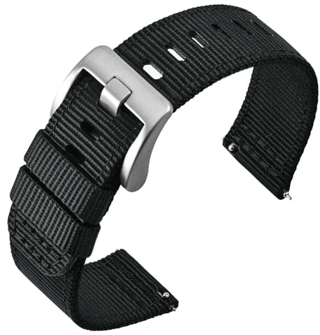 ANNEFIT Snabbfrigörande klockarmband på 26 mm, militärt nylonarmband för män, borstat silverspänne i kraftigt rostfritt stål, svart