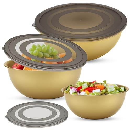 Yocdunm 6 Pcs Mixing Bowl Set,Stainless Steel Nesting Salad Bowl with Airtight Transparent Lid,Mixing Bowls for Baking, Salad Bowl for Kitchen Mixing,Serving, Baking & Food Storage,17/19/21cm (Gold)