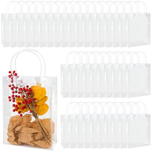 SINJEUN 40 Stück Klare Geschenktüten mit Griff, 20 x 8 x 26cm Geschenktüten Durchsichtig, Transparent Plastiktüten Süßigkeitentüten Wickeltaschen Tragetaschen für Party, Hochzeit, Geburtstag