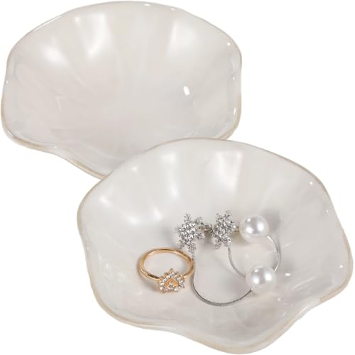Skdqiee 2 Pcs Ceramic Jewelry Dishes, Lotus Leaf Ring Dishes, Small Trinket Trays, White Pottery Plates, Gold-Trimmed Jewelry Holders, Cute Key Bowls for Nightstand Decor