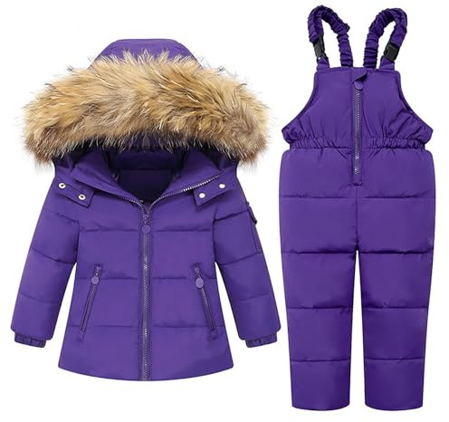 Tuta da neve per ragazze, 2 pezzi, piumino con cappuccio e pantaloni da sci antivento impermeabile invernale da sci con cappuccio in pelliccia sintetica, Viola, 110 cm