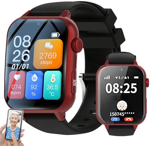 WhFKLca Fall Detection Watch for Seniors, SOS Emergency Alert & GPS Tracker for Elderly Safety, HD Two-way Communication, Medication Reminder, IP67 Waterproof Smartwatch for Peace of Mind Red