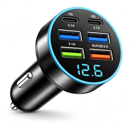 66w Auto Ladegerät, Zigarettenanzünder USB, Zigarettenanzünder Mehrfachverteiler mit 6 Anschlüssen, USB-C Schnellladung für Fahrer, Robustes Ladezubehör für PKW, LKW und Lange Fahrten