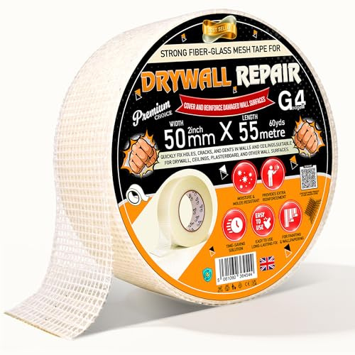 G4GADGET Plasterboard & Drywall Mesh Tape 50mm x 55m | Self Adhesive Scrim Tape for Plastering | Crack Repair & Joint Tape for Wall Filling, Ceiling & Drywall