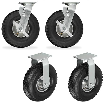 Relaxdays Lenkrollen 4er Set, luftbereift, 3.00-4, Schwerlastrollen, Platte zum Anschrauben, bis 480 kg, schwarz/Silber