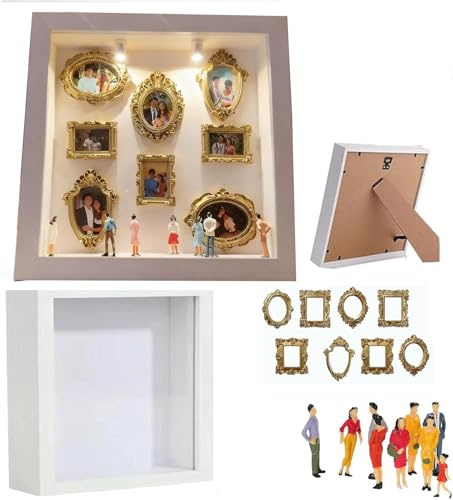 Cajas de Sombra de Fotos Personalizadas con 8 Mini Figuras de Museo, Mini Caja de Silueta de Museo y 8 Mini Marcos Dorados,Caja de Exhibición de Fotos de Memoria,Cumpleaños y Decoración del Hogar