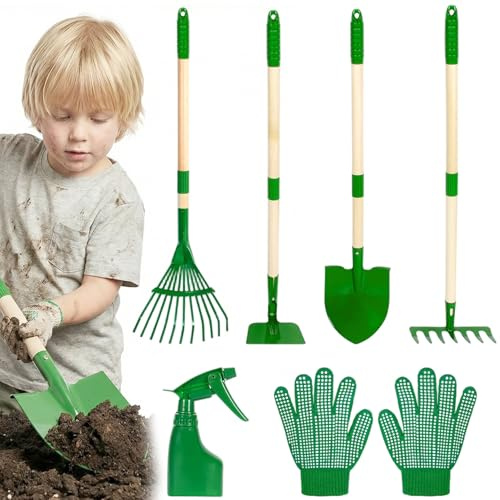 Gartengeräte für Kinder, Gartenset für Kleinkinder, 6-teiliges Kleinkind-Werkzeug mit Schaufel und Rechen, grünes Gartenspielzeug-Set für den Außenbereich mit Holzgriff und Metallköpfen für Jungen un
