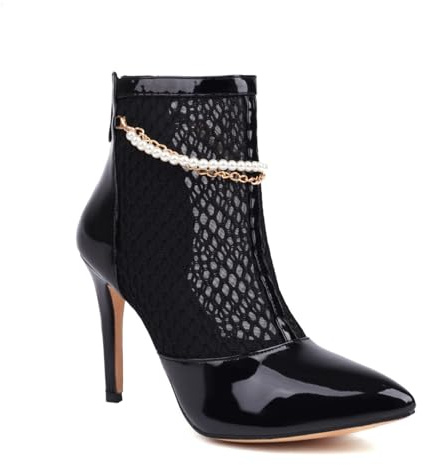 Genérico Botines Mujer Blancos De Malla Y Charol, Tacón De Aguja, Punta Fina, Zapatos De Novia con Cadena De Perlas,Negro,34 EU