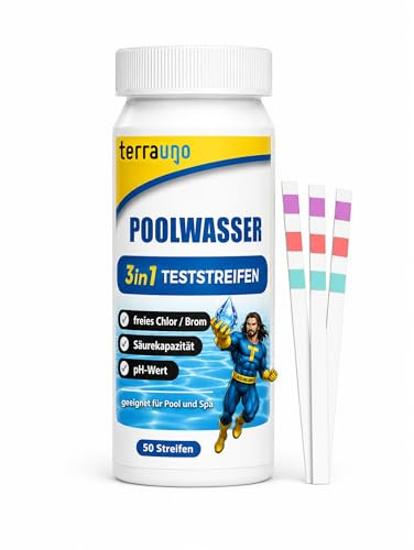 TerraUno Pool Teststreifen 3 in 1, 50 Stück Pooltester für pH Wert, Chlor und Säurekapazität, Wasseranalyse mit Poolteststreifen, für Pools und Whirlpools zur regelmäßigen Wasser Kontrolle (50 Stück)