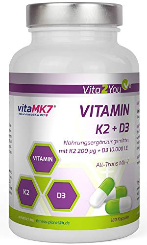 Vita2You Vitamin D3 + K2-180 Kapseln - Vitamin D3 10.000 IE + Vitamin K2 (MK-7) 200µg - Original K2VITAL® von Kappa - Premium Qualität