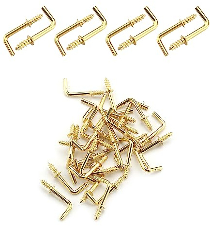 MroMax 5/8 Zoll 50 Stück goldene Schraubhaken, L-Form, Karbonstahl, 1 Form, rechtwinklige Haken, vermessingt, 7 Formen, Schraubhaken, selbstschneidender Schraubhaken für Zuhause, Arbeitsplatz, Büro