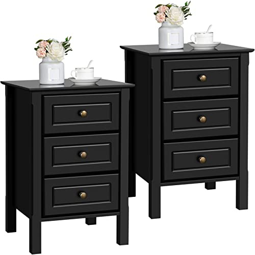 Yaheetech Black Bedside Table Set of 2PCs, Wooden Nightstands with 3 Drawers, Chest of 3 Drawers for Bedroom/Living Room/Hallway, 40x40x60cm