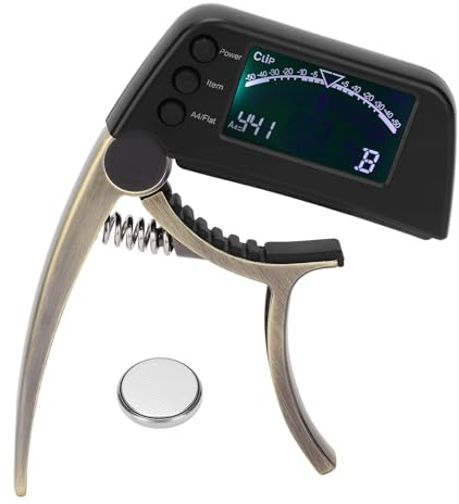 2-in-1-Gitarren-Capo-Tuner Multifunktional mit LCD-Bildschirmanzeige für Normale Akustische Folk-E-Gitarren-Chromatischer Bass(Silber)