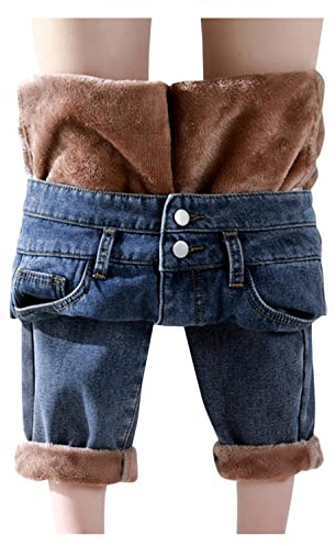 SGSD Termojeans damer: dam termobyxor med inre fleece jeans jeans – vinterjeans dam fodrade – fleecemönstrade jeans denim leggings, mönstrade termojeans jeans leggings, byxor treggings, blå, M