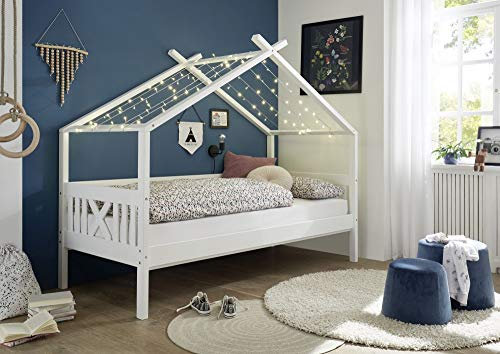 Hausbett Kinderbett 90 x 200cm Kiefer massiv weiß lackiert ohne Rollrost