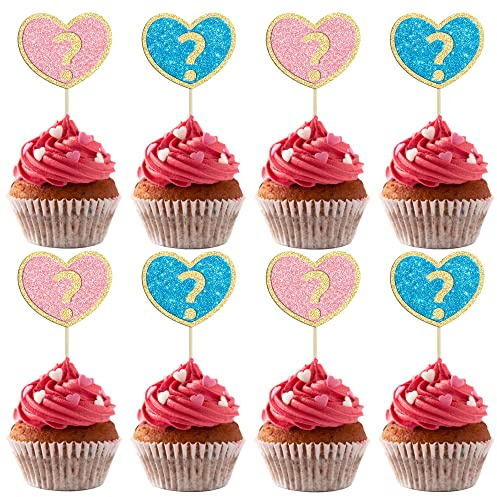 Gyufise 24Pcs Valentine's Day Gender Reveal Cupcake Toppers Glitter Heart Boy or Girl Cake Decorations for Valentine's Day Babyshower Birthday Party Supplies