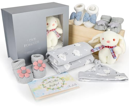 EAQ Baby Geschenk für Neugeborene,Neugeborenen Geschenk, mit Pucktuch, Babymütze, Babysocken,Hasenpuppe,Babyparty Geschenk,Baby Geschenkset,Geschenke zur Geburt (Rabbit)