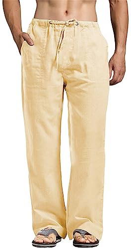 perdontoo Enfärgade linnebyxor för män, avslappnad passform, vardagliga yogabyxor, raka ben, byxor, Khaki, L