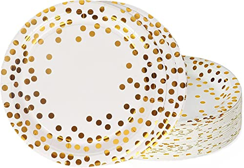 TOPWAYS Blanc Or Assiette Jetable Anniversaire, 48pcs 18cm Papier Assiette Vaisselle Jetable Plateau pour Decoration Anniversaire fille Garçon hommes femmes, BBQ Party Fête Mariages Camping, 7inch