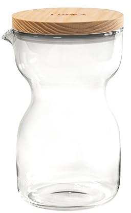 LANGWATER Glass karaffe 1L - Elegante Wasserkaraffe mit abnehmbarem Holzdeckel - Vielseitiger Glaskrug für warme/kalte Getränke - Spülmaschinenfest, Kompatibel mit The Well Arbeitsplatten-Maschine