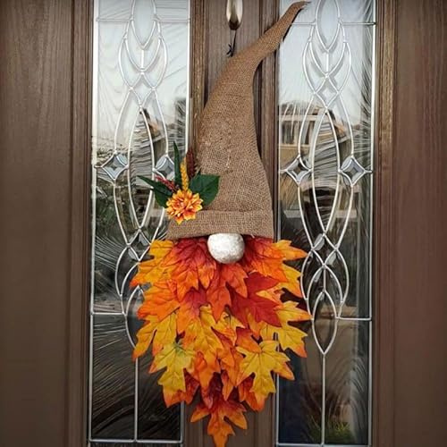 Uotory Autumn Maple Gnome Front Door Hanger Wooden Panels Holiday Decoration Thanksgiving Wreath Gonk Gnomes for Fall Harvest Festival (1 PC) (Uotory10)