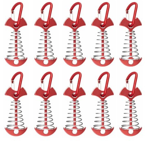Fishbone Deck Anchor Pegs mit Karabinern, Aluminium Deck Zeltheringe mit Federschnalle Aluminium Deck Winddichte Zeltheringe für Outdoor Camping Wandern (10 Stück, Rot)