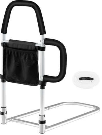 GOPLUS Bett Aufstehhilfe Erwachsene, Bettgitter Rausfallschutz aus Kohlenstoffstahl, Bettgeländer mit 2 Griffen, Sicherheitsgurt & Tasche für Ältere, Schwangere & Behinderte, 61 × 40 × 64 cm