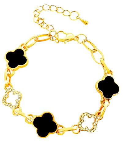 Gilieyer Four-Leaf Clover Bracelet for Women, Enamel Plated Gold Lucky Clover Fashion Simple Bracelets Cubic Zircon Rose Gold Leaf Bangle Black Clover for Women Jewelry (style8)