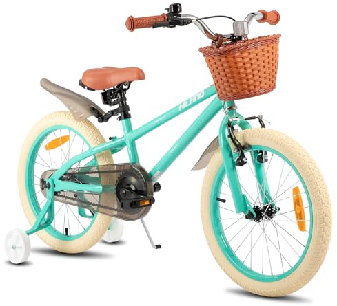 HILAND 14/16/18 Zoll Kinderfahrrad für Mädchen mit abnehmbaren Stützrädern, Handbremse und Rücktrittbremse, mit Korb, Mintgrün/Rosa