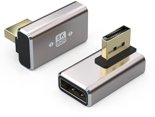 VMOJO Paquete de 2 adaptadores DisplayPort acoplador carcasa de aleación 8K UHD HDR Displayport (DP) 1,4 ángulo vertical vertical macho a hembra macho alargador convertidor 8K @60Hz/4K @144Hz