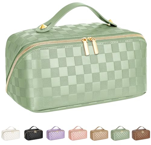 ALEXTINA Travel Makeup Bag, Vegan Leather Large Capacity Cosmetic Bags for Women,Waterproof Portable Pouch Open Flat Toiletry Bag Makeup Bag Organizer with Fixed Divider, Green