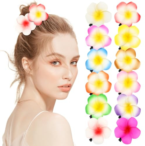 minkissy Haarspangen mit Hawaii-Blumen, Plumeria-Haarspangen für Frauen und Mädchen, weiße Haarnadeln mit Blumenmuster für den Sommer und Strand, Haar-Accessoires, 12 Stück