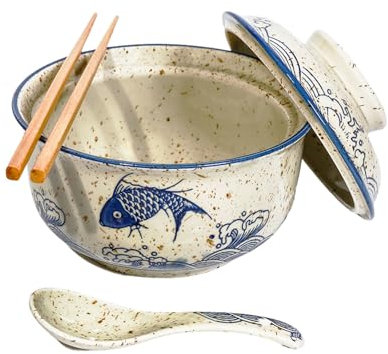 Juego de cuencos de cerámica para ramen de 800 ml con tapa, cuchara y palillos, cuencos de sopa grandes vintage japoneses, cuenco de fideos instantáneos, vajilla asiática (Pescado*1)