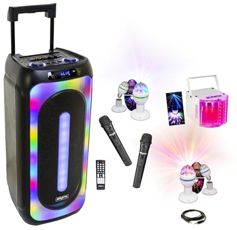 MOOVING Light & SOUND MS-MAGIC-SOUND1000 - Pack de altavoz Karaoke portátil con batería USB Bluetooth TWS 1000 W, 2 micrófonos – Efecto Derby – 2 juegos de luz astro giratoria