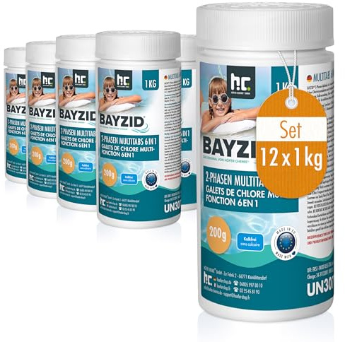 12 x 1 kg Bayzid Chlor Multitabs 6 in 1-200g Chlortabletten - 2 Phasen Wirkung zur Schockchlorung & Langzeitpflege - Desinfektion, Algenverhütung, Trübungsentfernung, Kalkvermeidung, pH-Wert