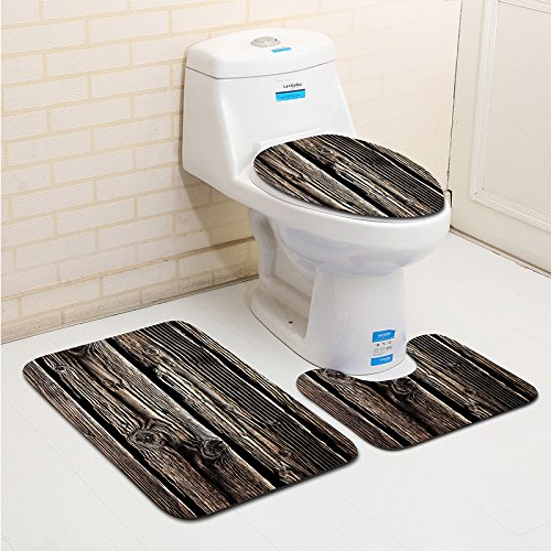 Bad Teppiche Set 3-Teiliges Grau Braun Holz WC Vorleger Mit Ausschnitt Badematte Saugfähig WC Deckelbezug Badvorleger rutschfest Waschbar Toilettensitzbezug Badgarnitur (50x80cm)